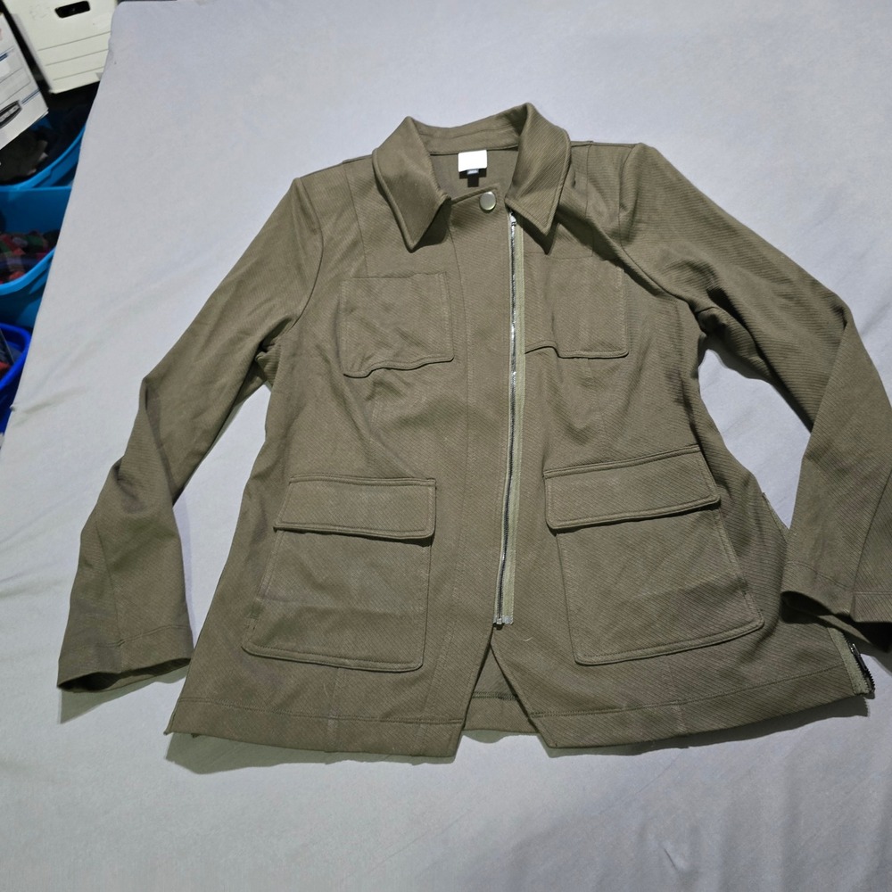 Cabi Utility Jacket Women Large Olive Green Asymmetrical Zip Cargo 4120